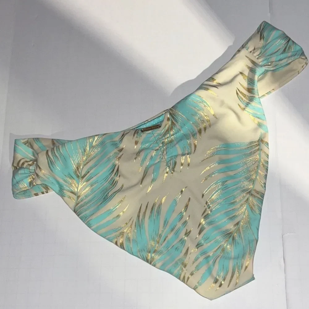 NWOT Beach Bunny Blue & Gold Tropical HalterNeck Keyhole Bikini Top & Bottom Set